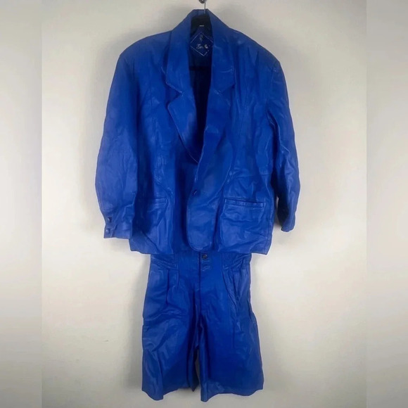 Royal Blue Genuine Leather Cropped Jacket And High Waist Shorts Set - Picture 4 of 15